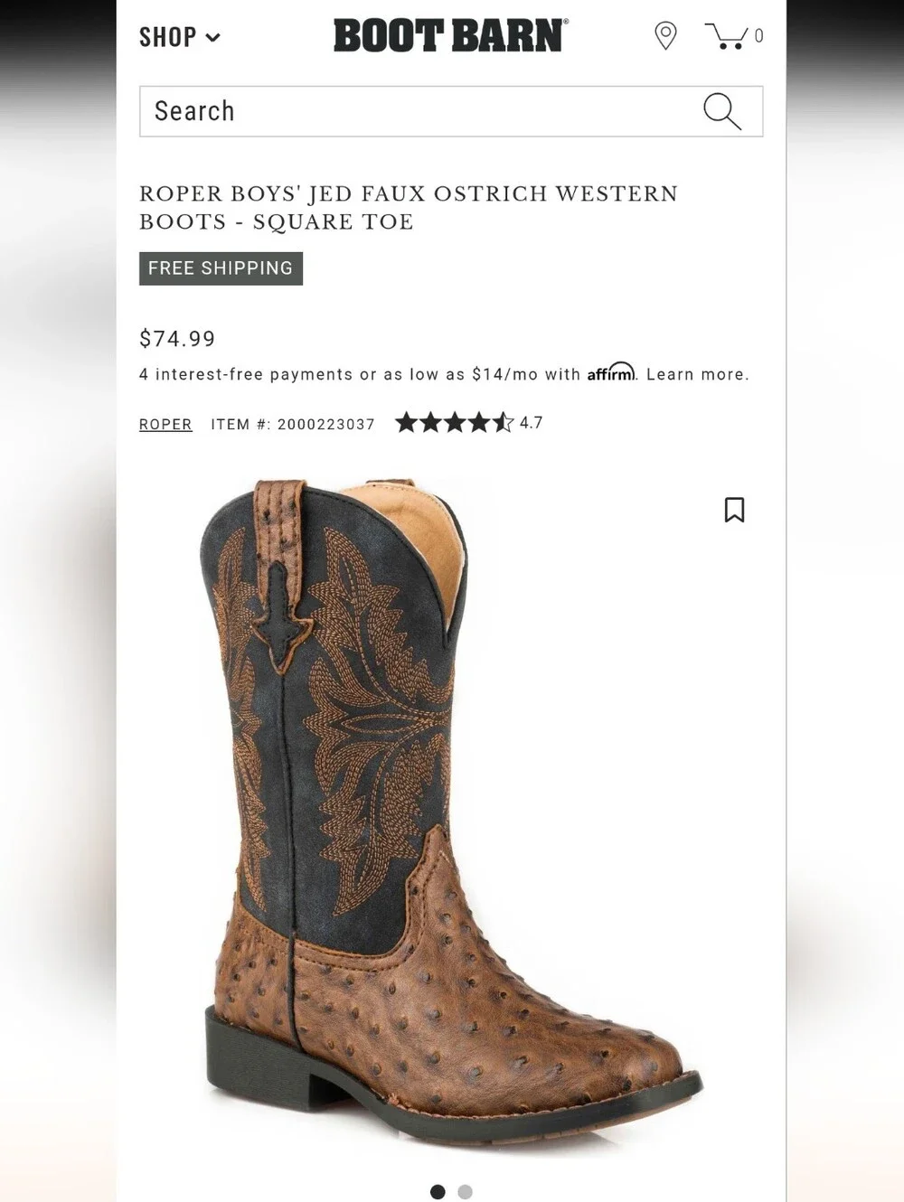 Roper Boys' Jed Faux Ostrich Western Boots - Square Toe